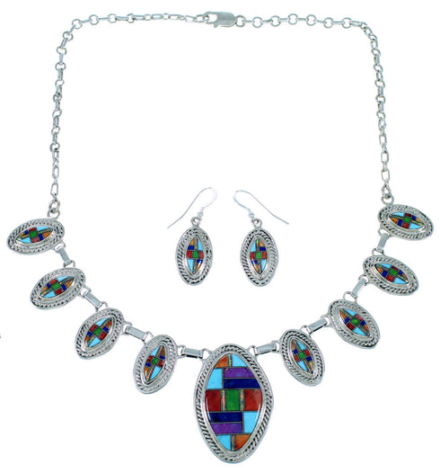 Sterling Silver Multicolor Link Necklace Earrings Set Jewelry PX37805